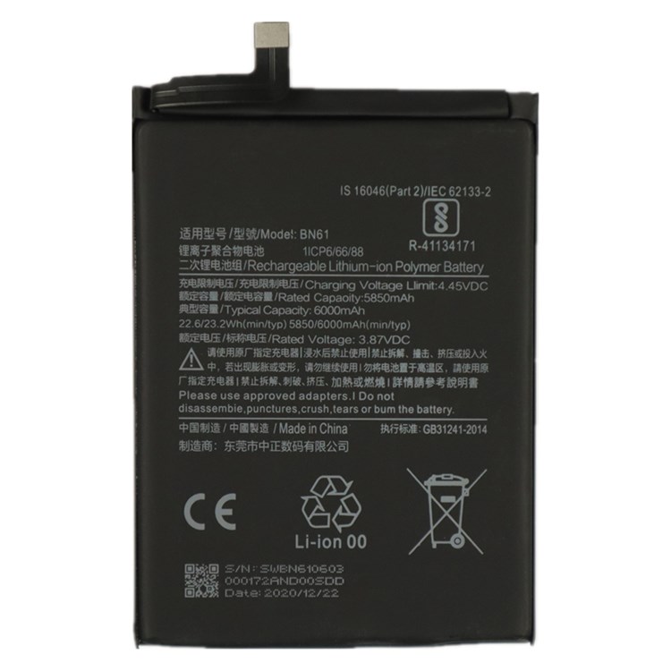 Poco X3 - Redmi 8A. It's a lithium-ion poly rechargeable battery with a capacity of 5000mAh model BN61